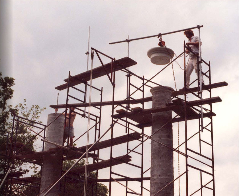 Columns nearly complete, capitals being set